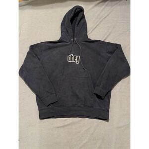 OBEY Men's Black Pullover Hoodie Logo Pockets Drawstring Fleece Size L
